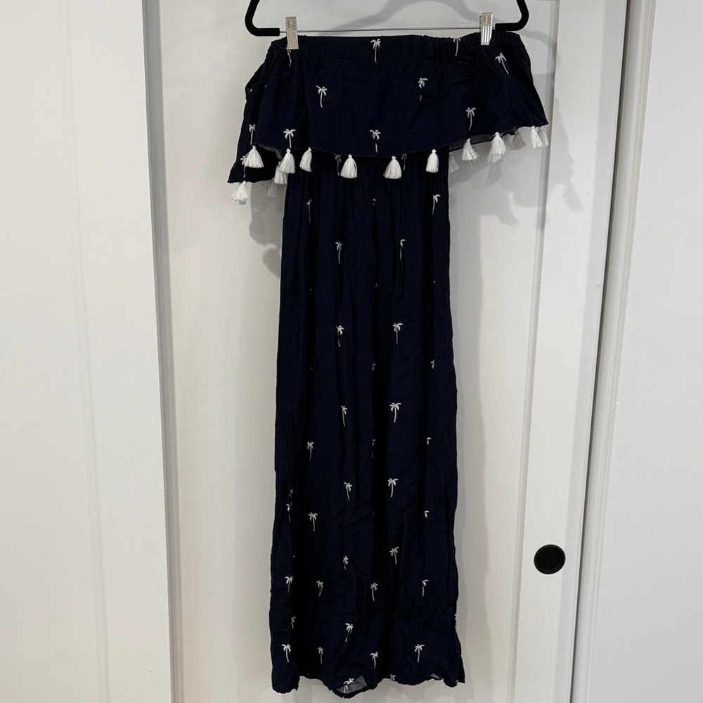 Navy Off-Shoulder Dress with White Tassels